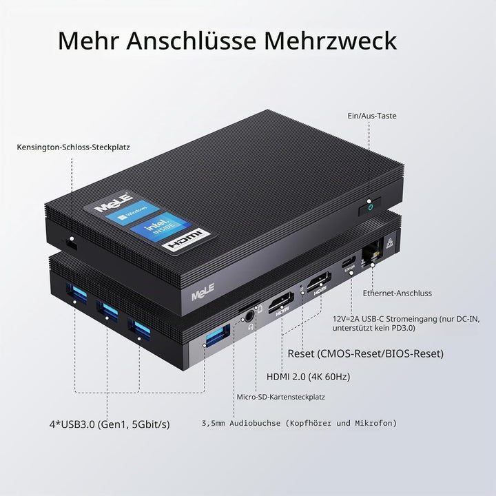 MeLE Lüfterloser Mini-PC Windows 10 Pro Celeron J4125 8GB DDR4 256GB eMMC Ultra-Thin Mini Desktop Co