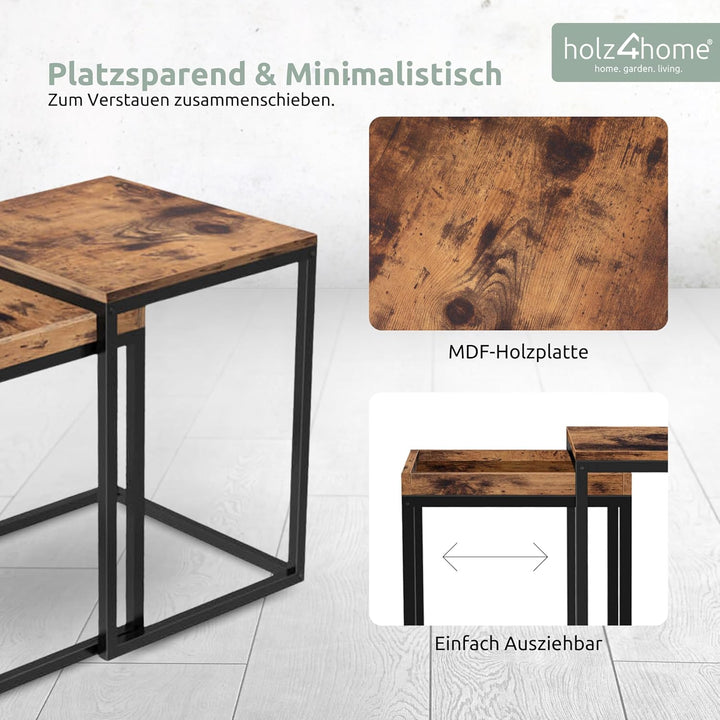 holz4home® Couchtisch Eckig, 2er Set Lannies | 45x40x55 cm | einfache Montage | Industrial-Look Brau