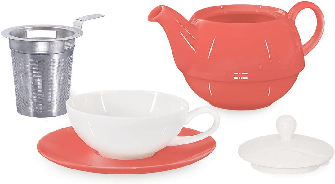 Buchensee Tea for One mit Sieb Lena 500ml aus Crystal Bone China Porzellan in coralrot. Teekanne + T