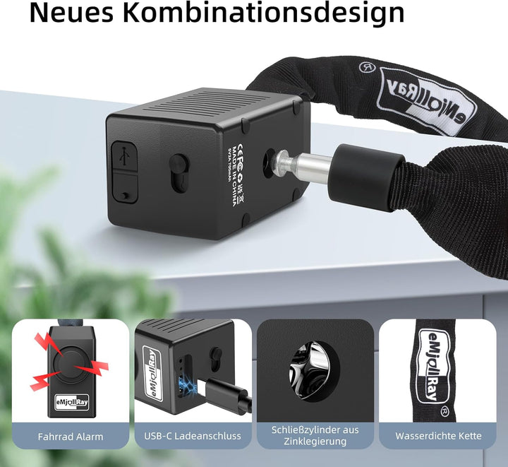 Fahrradschloss mit Alarm 120cm 110dB Fahrrad Alarmanlage Schloss für E Scooter Ebike Motorrad Fahrra