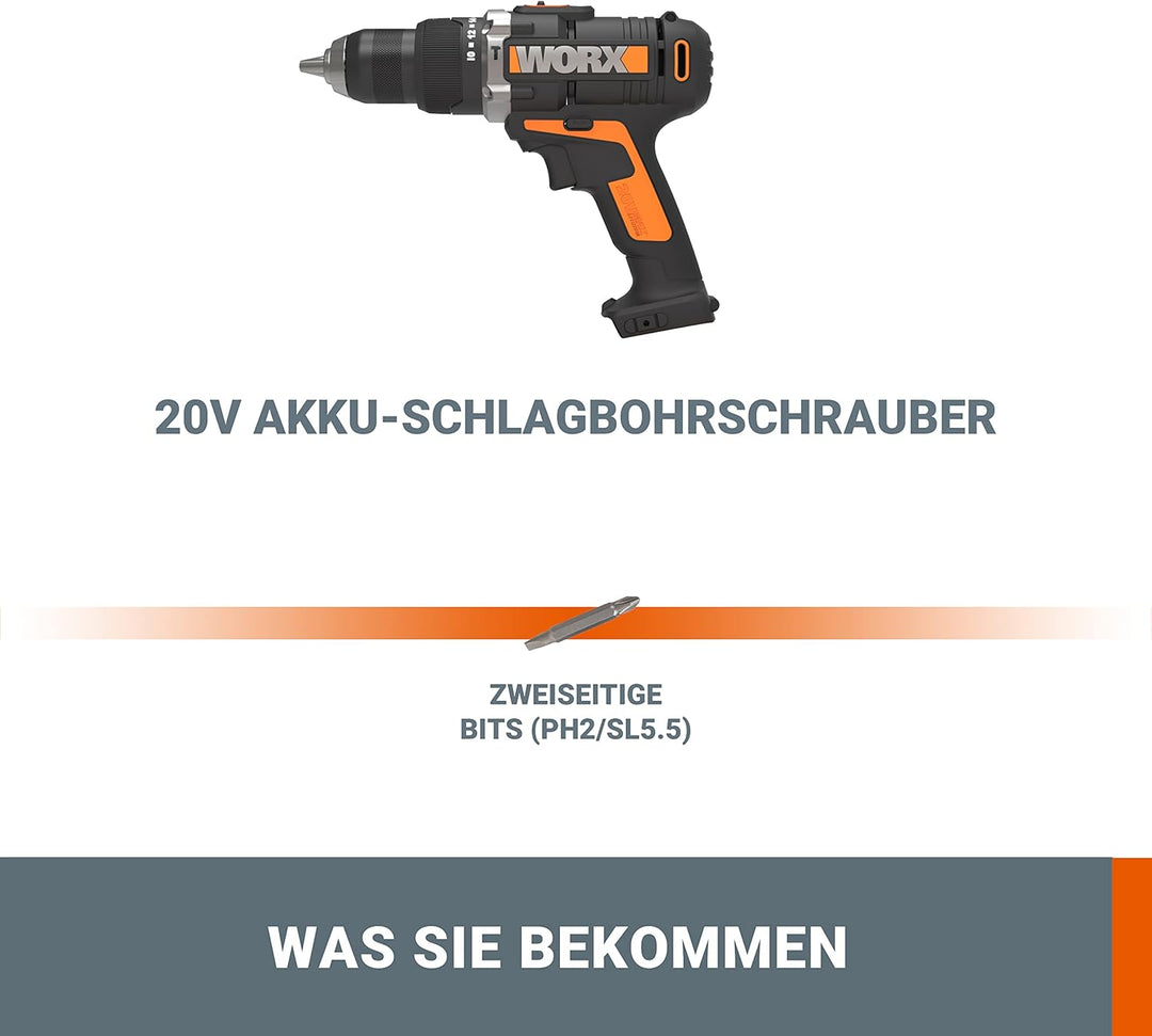 WORX WX372.9 Akku Schlagbohrschrauber 20V - 50Nm, 2-Gang-Getriebe &amp; LED-Licht - zum Schrauben, Bohre