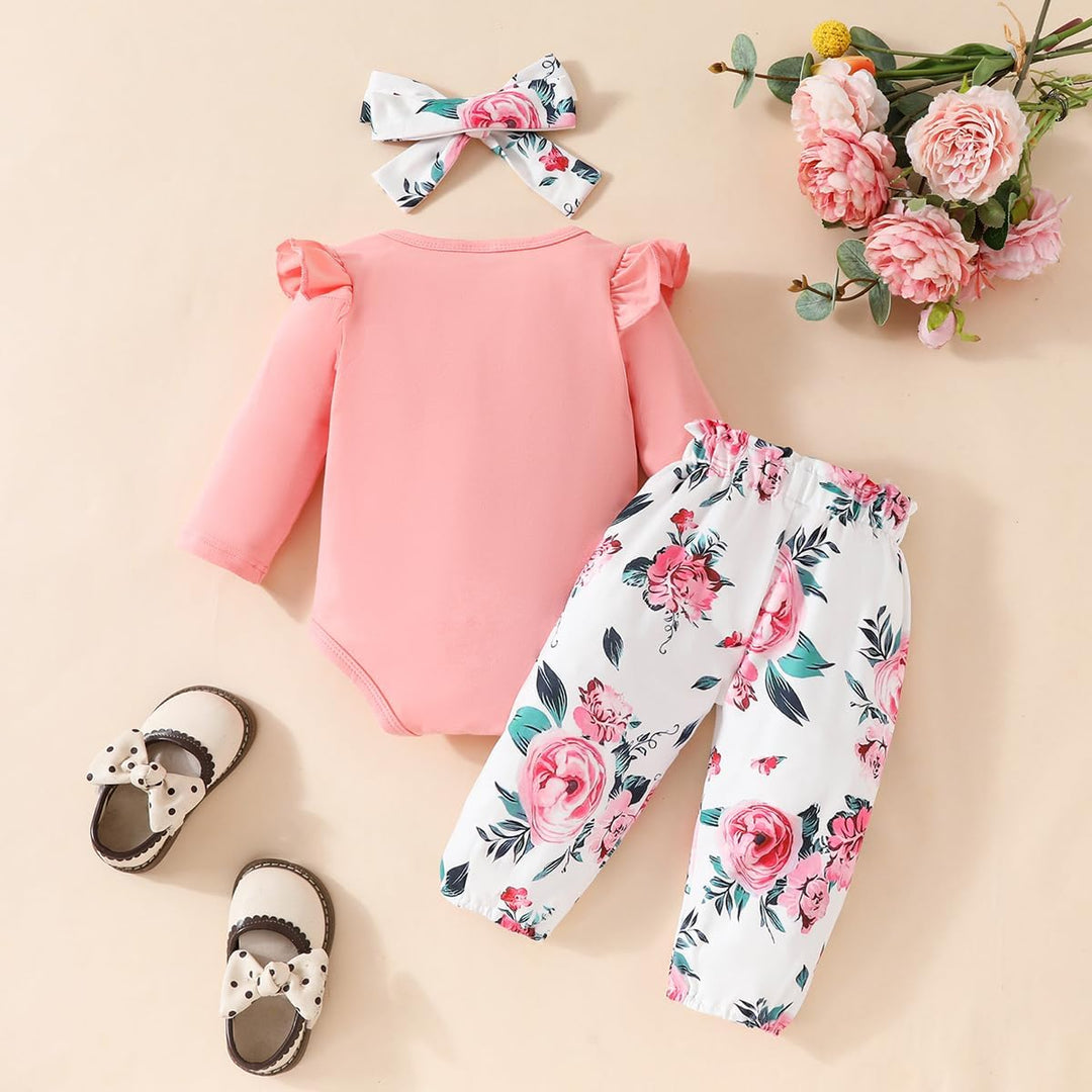 UUAISSO Neugeborenes Baby Mädchen Kleidung Papas Mädchen Langarm Tops Blumenhosen Sets Stirnband Säu