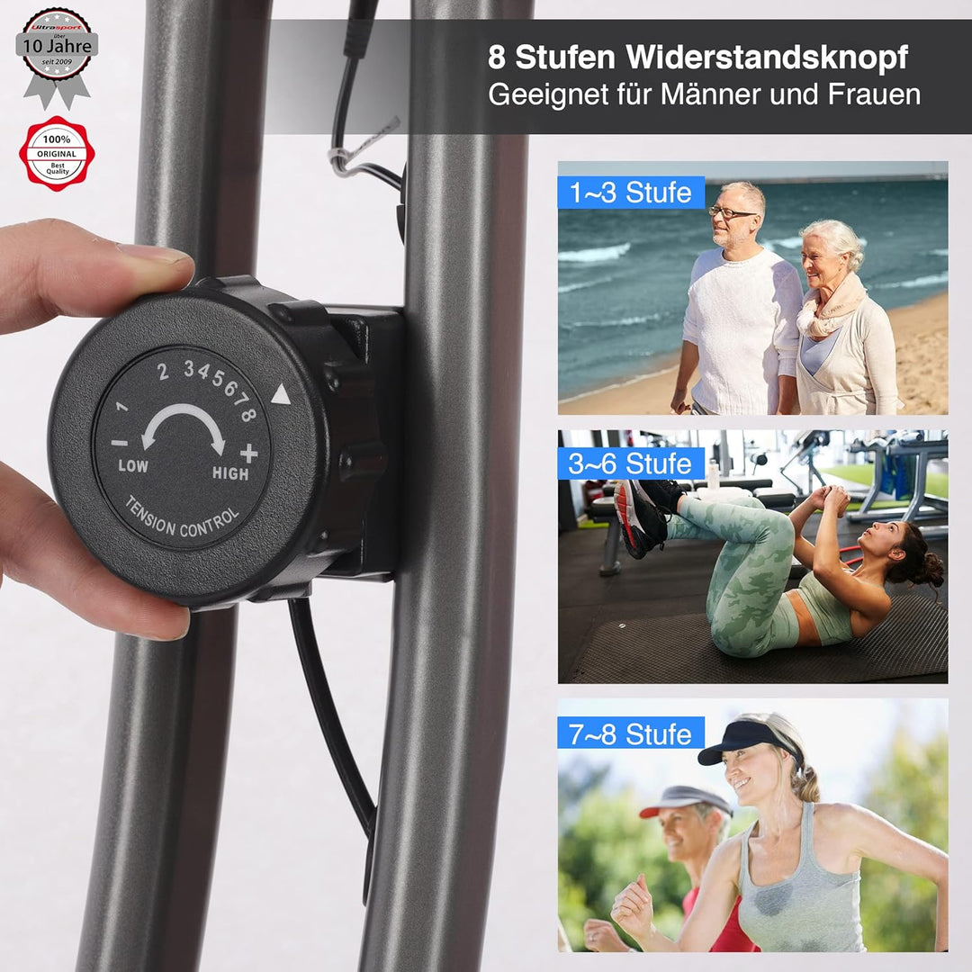 Ultrasport F-Bike 150/200, Heimtrainer, 8 Widerstandsstufen, Tablethalterung, Handpulssensoren, falt