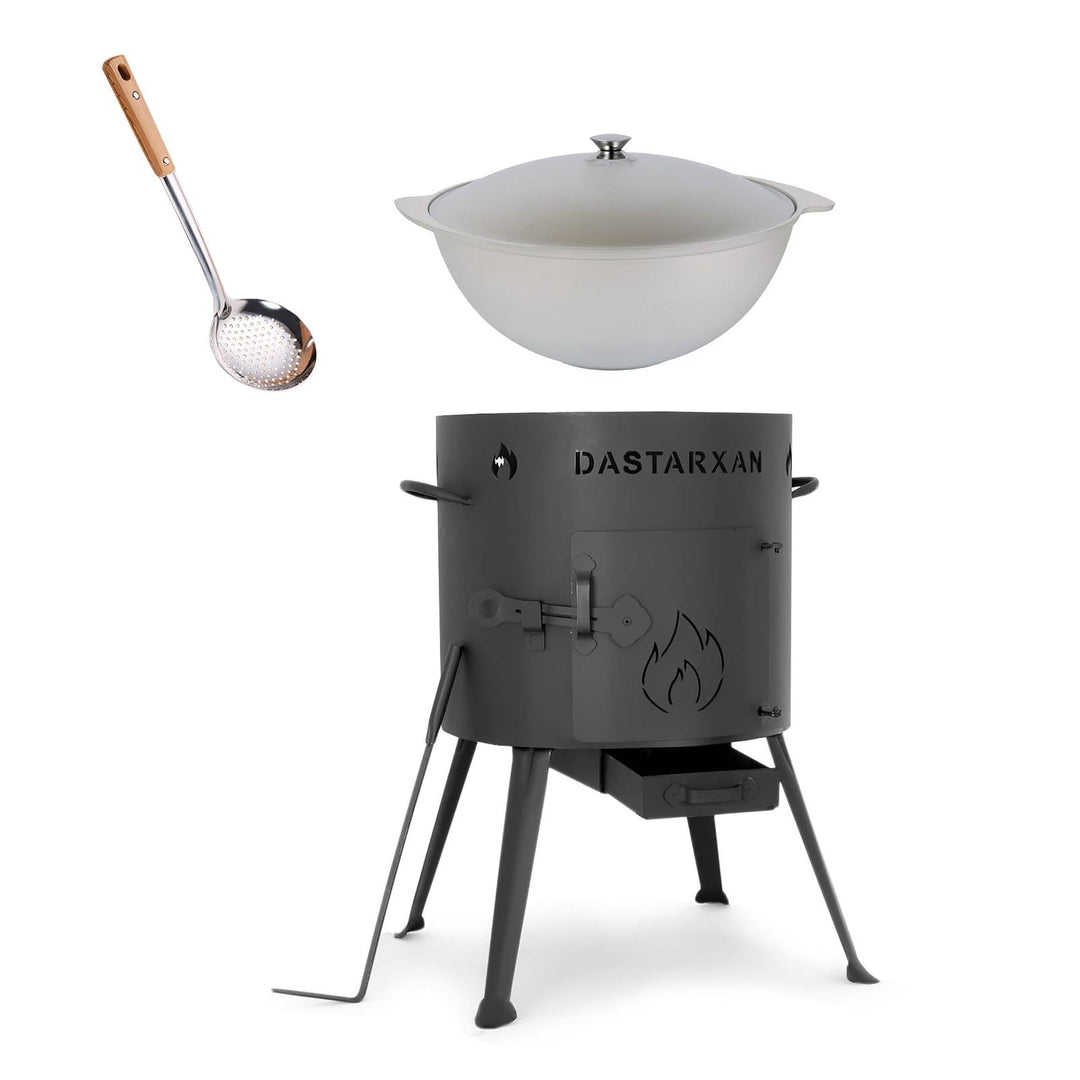 rukauf. SET Utschak, 37 cm + 9 Liter Kasan Kazan aus ALU + Schaumlöffel/Feldküche Gulasch-Kessel Feu