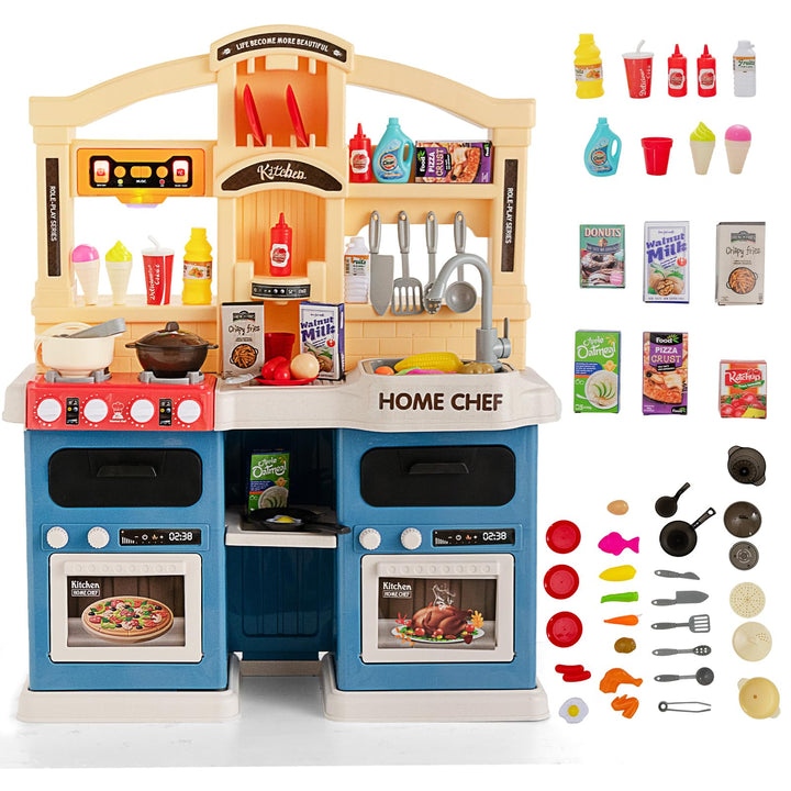 COSTWAY 69 TLG. Kinderküche mit Lichter & Dampf & Musik & Sound, Spielküche inkl. Zubehör, Kinderspi