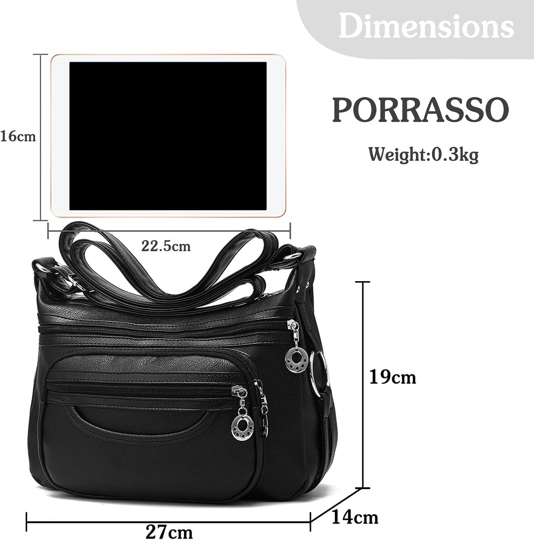 PORRASSO Damen Umhängetasche Multi-Tasche Wasserdicht Schultertasche Messenger Bag PU Handtasche für