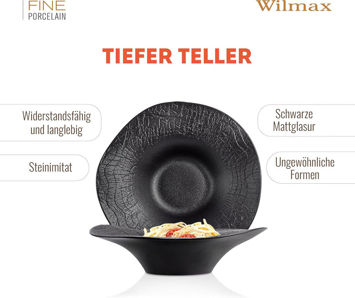 Wilmax - Tiefe Schale - 1 Stück 30cm / 700 ml - Schwarze Pastateller - Natursteintextur - Für Pasta,