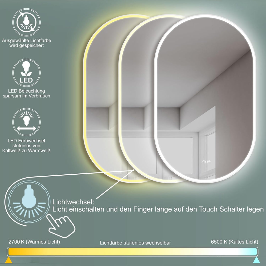 HOKO Antibeschlag LED ovaler Spiegel 45x75 cm / 75x45 cm Tokio mit Metall Rahmen Weiss, HOCH+QUER Mo