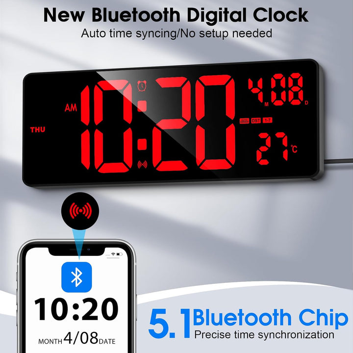 XREXS 16,5'' Grosse Digitale Wanduhr, automatische Zeitkalibrierung, rotes Digitaldisplay mit bunter
