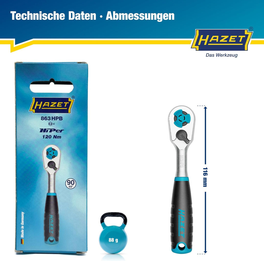 HAZET HiPer Feinzahn-Umschaltknarre 863HPB für Bits | Abtrieb: Sechskant 6,3 mm (1/4 Zoll), kleiner