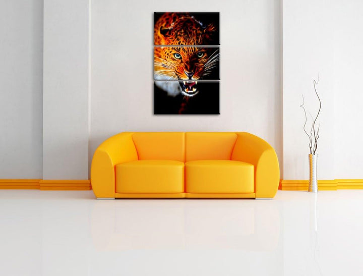 Dark Fauchender Leopard Spezial 3-Teiler Leinwandbild 120x80 Bild auf Leinwand, XXL riesige Bilder f