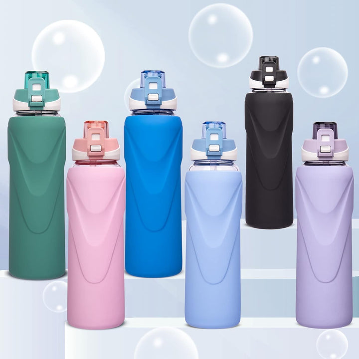 DEARRAY 1l Sport Trinkflasche Glas Flasche mit Strohhalm 1 liter auslaufsicher bpa frei Gym Wasserfl