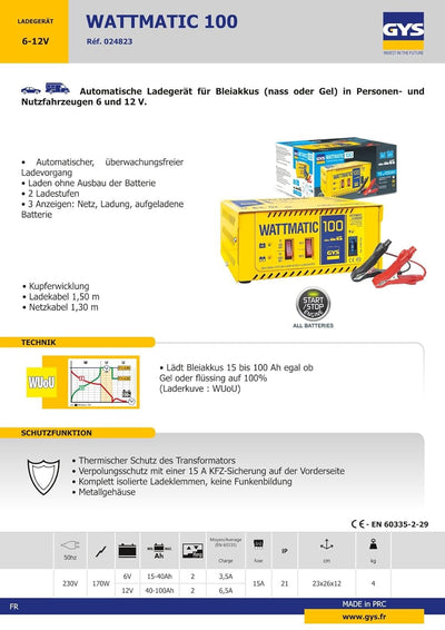 GYS Automatisches Batterieladegerät 6/12 V, WATTMATIC 100