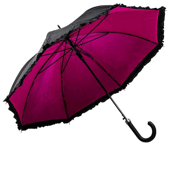 LUCKYWEATHER Regenschirm Stockschirm Damen Rüschenschirm schwarz/pink Auf-Automatik Double Layer I S