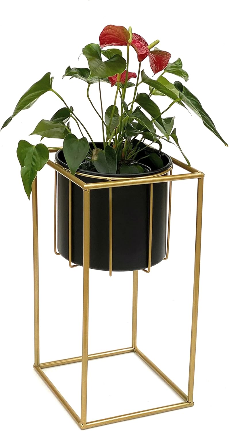 DanDiBo Blumenhocker mit Topf Metall Gold Schwarz Eckig S 45 cm Blumenständer 96035 Blumensäule Mode