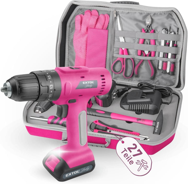 Extol Lady Akku Bohrschrauber Set 27-tlg. I 12V Li-Ion Frauen Akku-Schrauber Pink mit Schlagfunktion