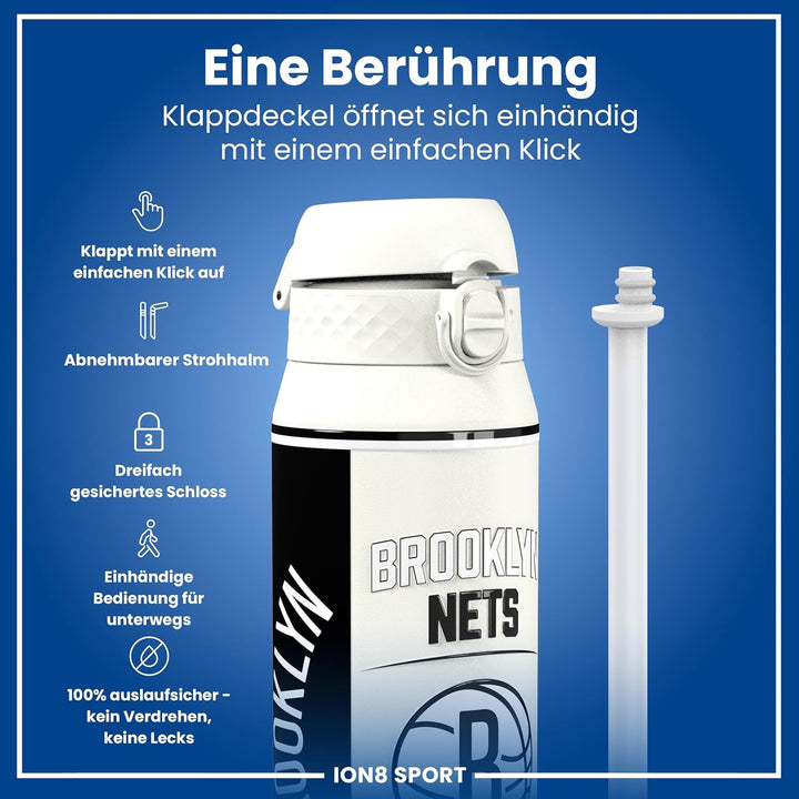 ion8 NBA Brooklyn Nets Trinkflasche Mit Herausnehmbarem Strohhalm, 750ml/24oz, Auslaufsichere Isolie
