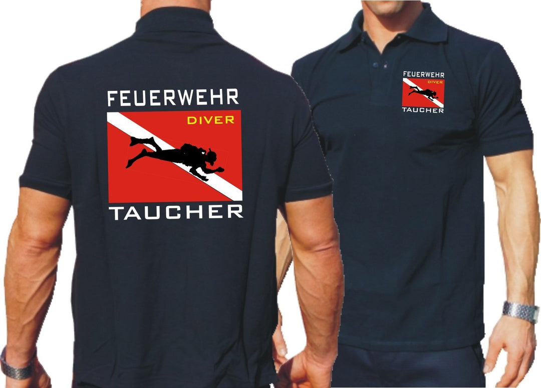 Poloshirt Navy, Feuerwehr Taucher mit Diver Flagge M navy, M navy