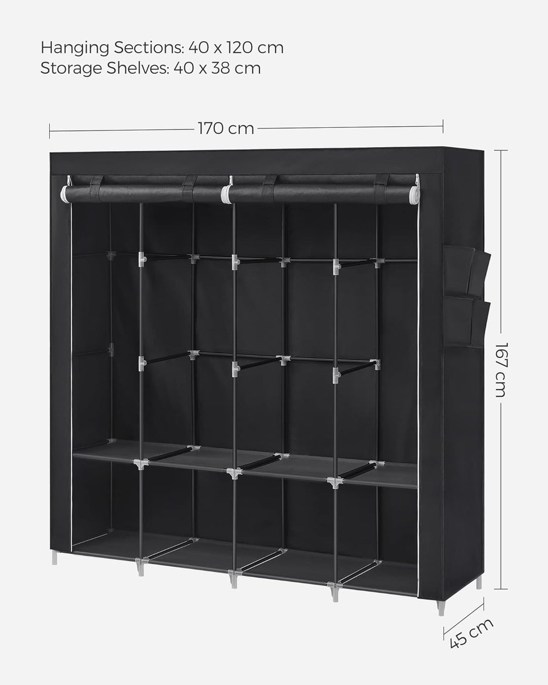 SONGMICS Stoffschrank, Kleiderschrank, 45 x 170 x 167 cm, 4 Hängefächer, mit Ablagen, 4 Seitentasche