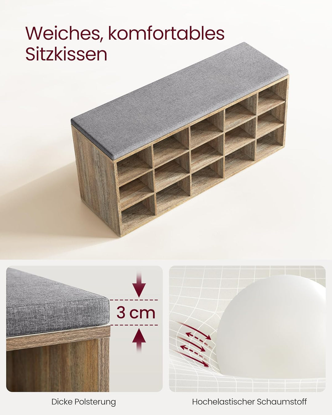 VASAGLE Custos Kollektion - Schuhbank, Schuhregal mit Sitzfläche, Sitzbank mit Stauraum, Kissen, 15