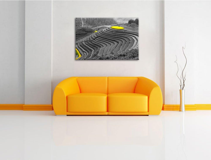 schöne chinesische Reisplantagen schwarz/weiss Format: 100x70 auf Leinwand, XXL riesige Bilder ferti