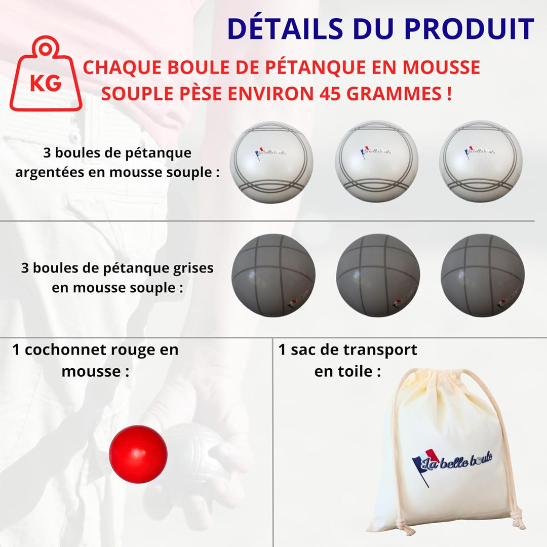 La belle boule Boccia-Kugel aus Schaumstoff – Innen & Aussen – Set mit 6 Kugeln + rote Zielkugel + A