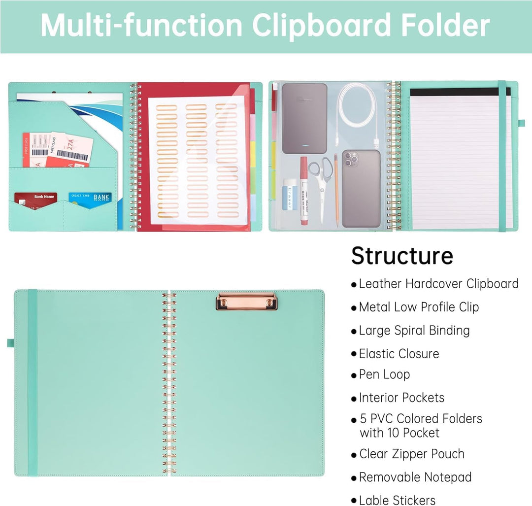 HAUTOCO PU-Leder Klemmbrett Folio mit Zip Beutel, Klemmbrettmappe A4 mit nachfüllbarem Notizblock, K