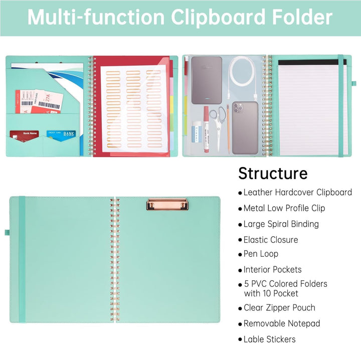 HAUTOCO PU-Leder Klemmbrett Folio mit Zip Beutel, Klemmbrettmappe A4 mit nachfüllbarem Notizblock, K