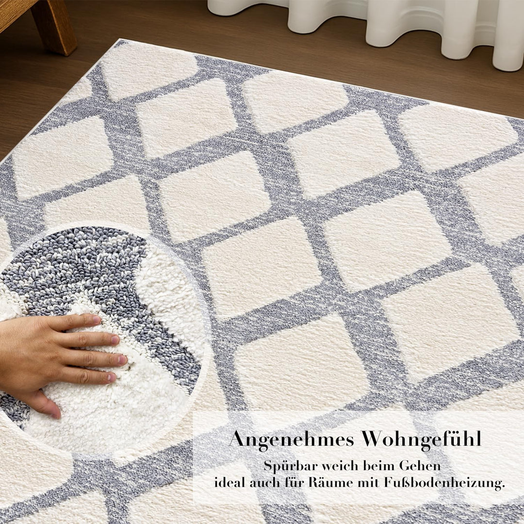 payé Teppich Wohnzimmer Hochflor - Boho - Skandinavisch -160x230cm - Pastell Creme Grau - Raute Must