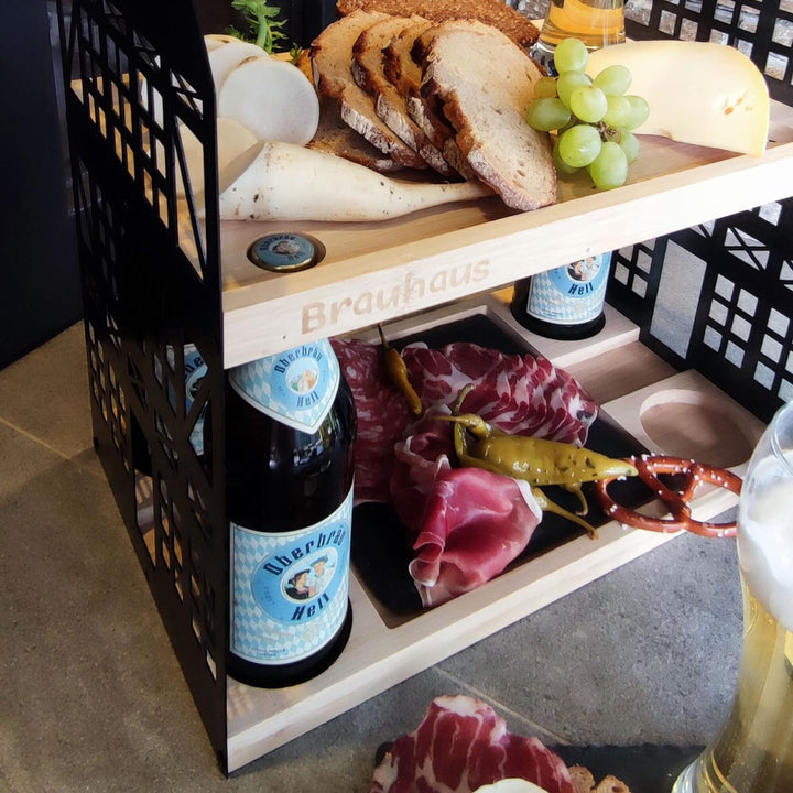 UNUS HOME Etagere Brauhaus, 2 Etagen mit Griff, für Bier, Snacks, Wurst und Käse mit 4 Flaschenhalte
