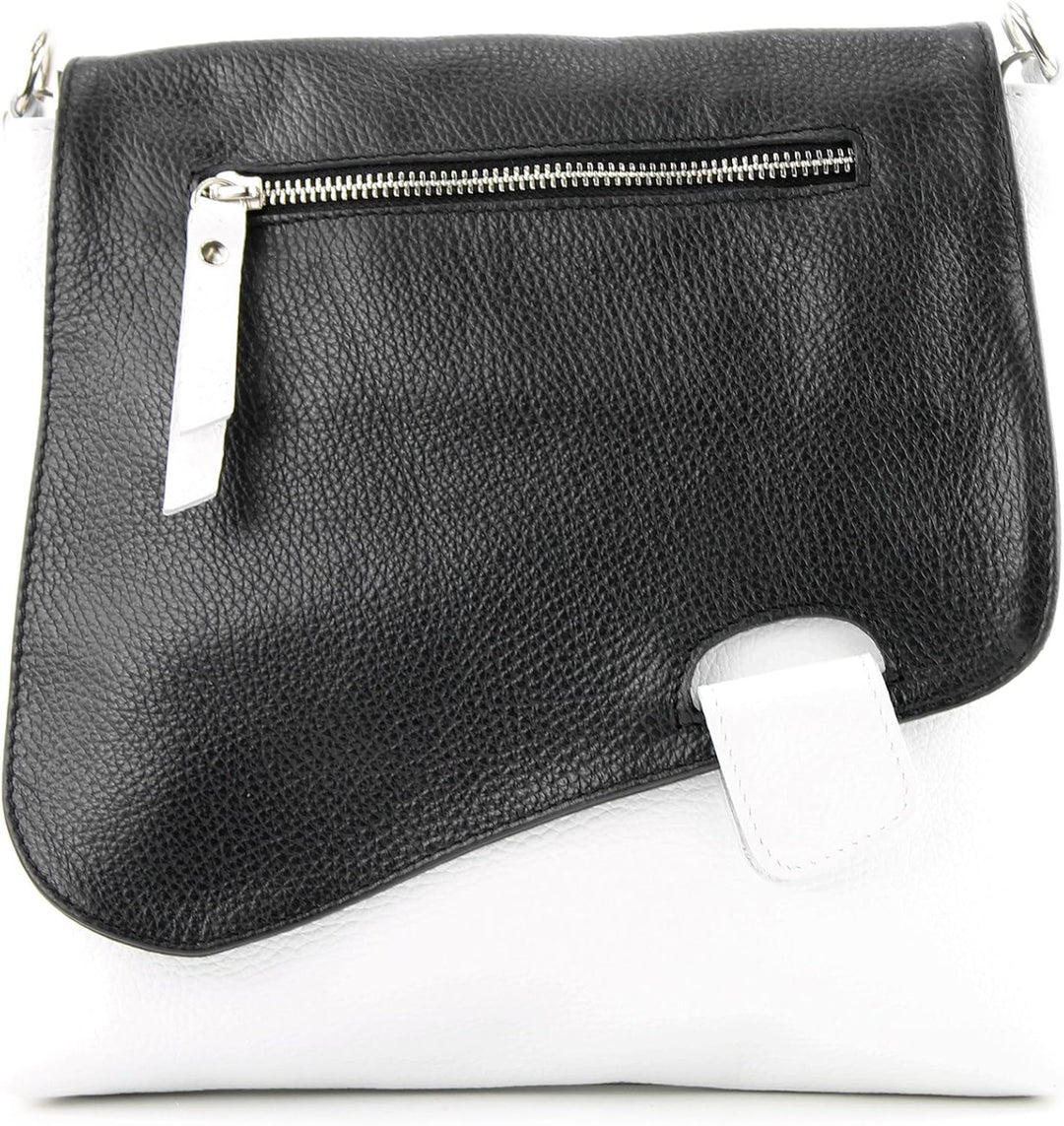 modamoda de - T146 - ital Messengertasche Umhängetasche aus Leder Weiss/Schwarz, Weiss/Schwarz