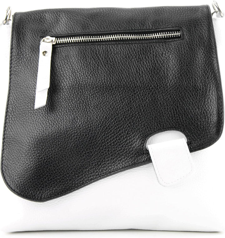 modamoda de - T146 - ital Messengertasche Umhängetasche aus Leder Weiss/Schwarz, Weiss/Schwarz
