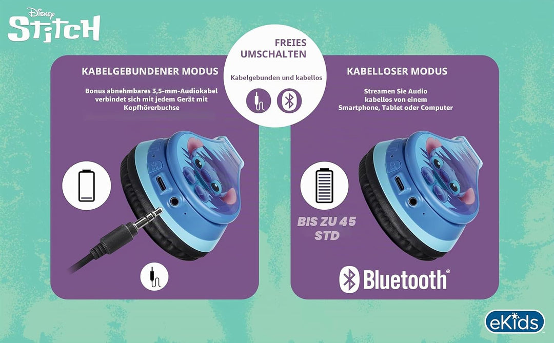 ekids Disney Stitch Bluetooth-Kopfhörer, kabellose Kopfhörer mit Mikrofon, inklusive AUX-Kabel, Laut