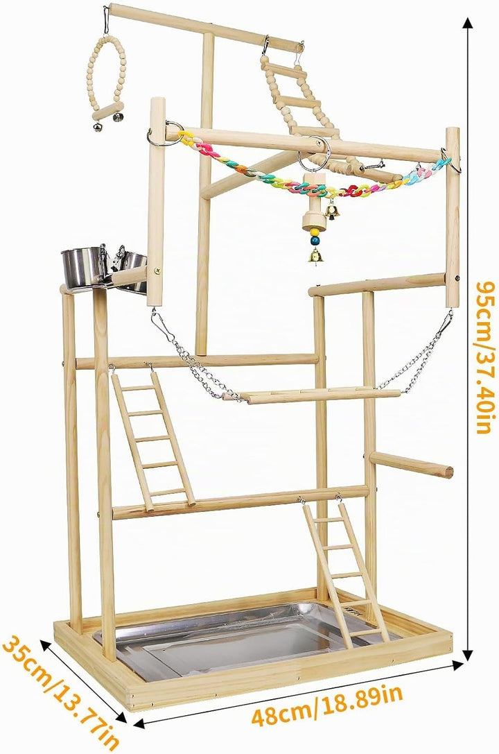 Vogelspielplatz aus Holz,mit Edelstahl-Futterbechern,Bunte Kunststoffkette für Haustiere,für Papagei