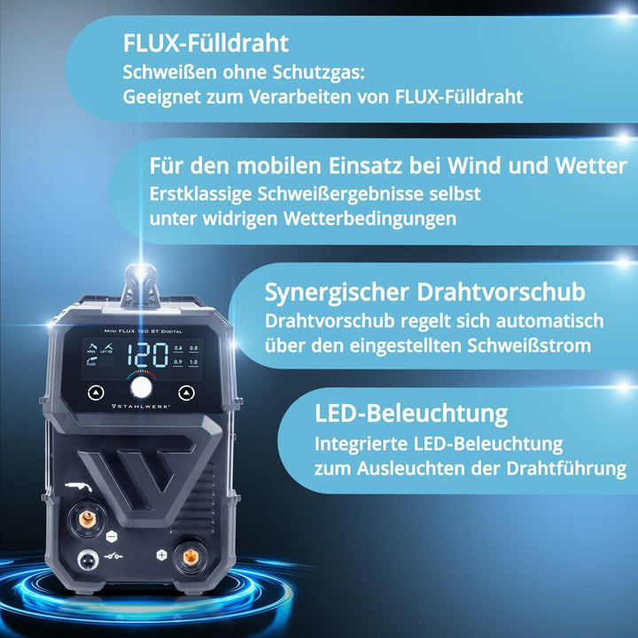 STAHLWERK Mini FLUX 120 ST Vollausstattung Fülldraht Schweissgerät mit synergischem Drahtvorschub fü