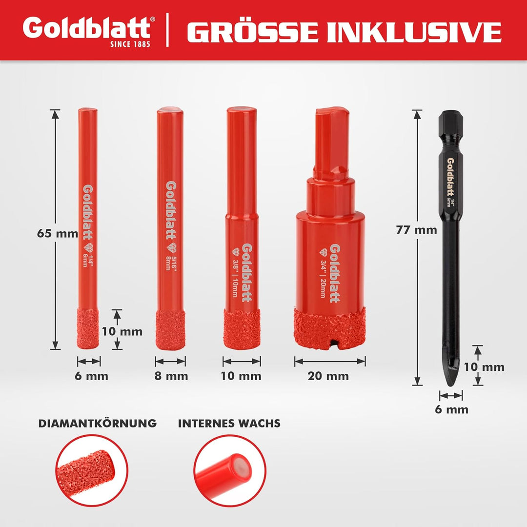 Goldblatt Diamantbohrer Fliesen Set 5 Stück mit 6/8/10/20 mm für präzises Bohren in Keramik Marmor G