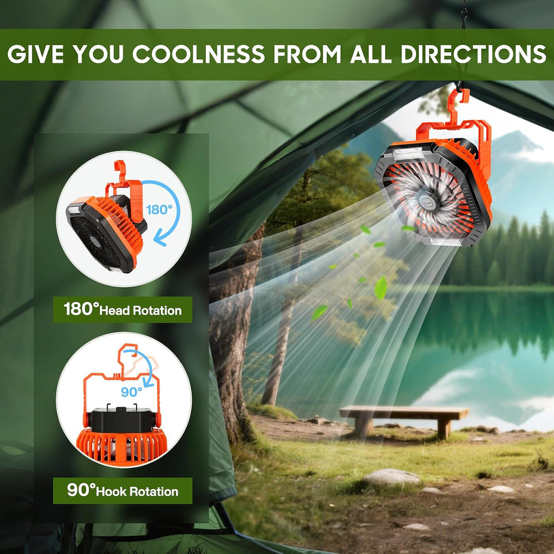 MIAOKE Camping Ventilator, 10400mAh Tischventilator,USB Ventilator Akku mit Licht,Haken,Paracord-Arm