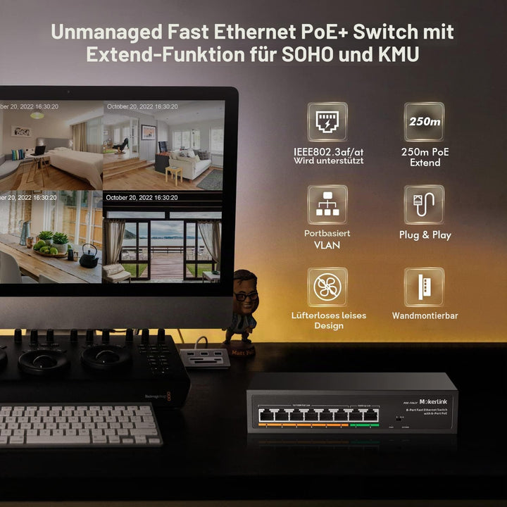 MokerLink 8 Port PoE Switch mit 6 PoE+ Port, 2 Uplink, 100Mbps, IEEE802.3af/at 78W AI Erkennung, Lüf