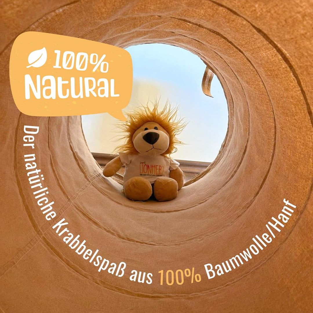 Spieltunnel für Kinder aus Baumwolle/Hanf mit Klettverschlüssen [180cm x 46cm] Krabbeltunnel für Bab