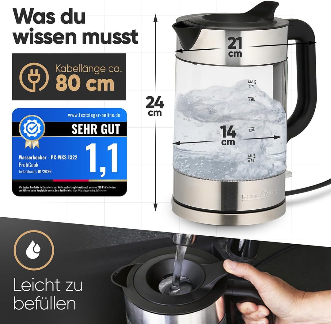 ProfiCook® Wasserkocher Glas | 1,7L | 2200W | beleuchtet | BPA frei | Einhandbedienung | 360° drehba