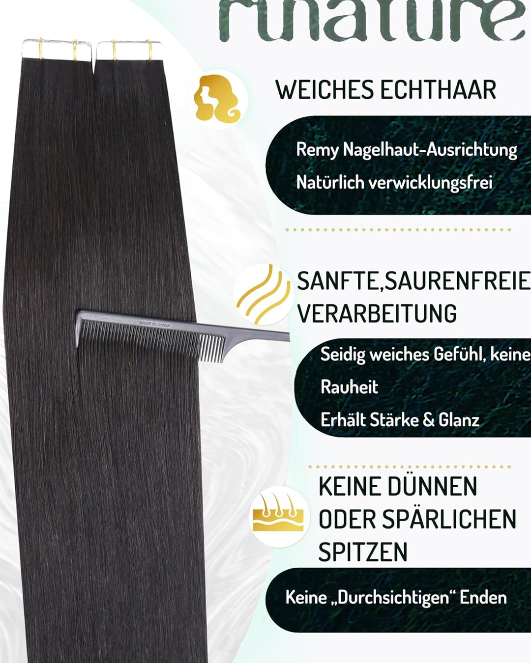 RUNATURE Tape Extensions Echthaar 60cm Schwarz Echthaar Extensions Tape Natürlich Schwarz 20 Stück H