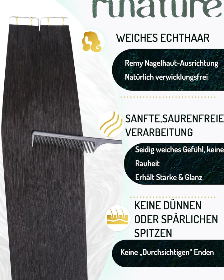 RUNATURE Tape Extensions Echthaar 60cm Schwarz Echthaar Extensions Tape Natürlich Schwarz 20 Stück H