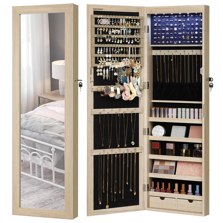 SONGMICS Schmuckschrank, Wand-Aufbewahrungsmöbel für Halsketten, Ohrringe, Zubehörschrank, mit Spieg