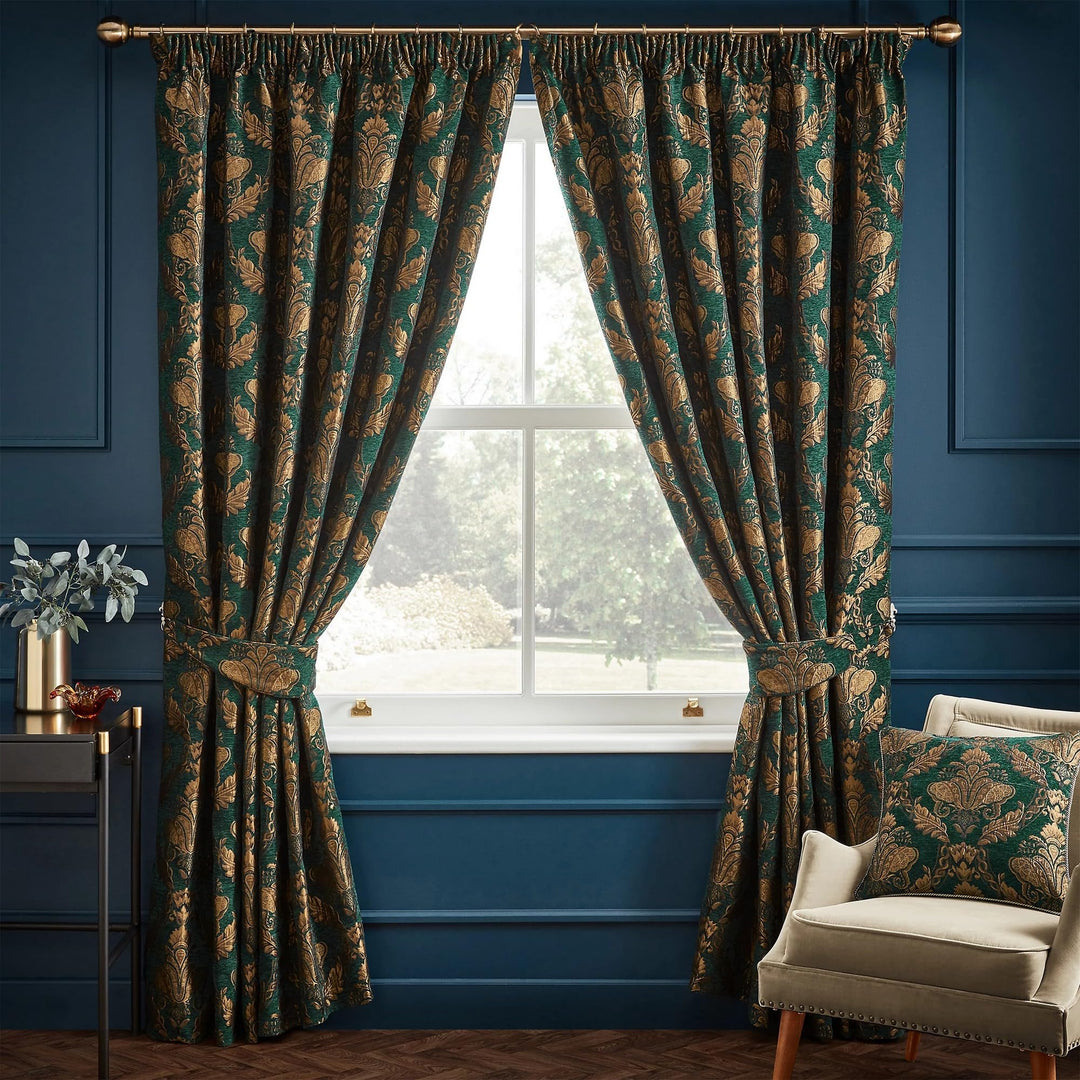 Paoletti Shiraz Traditionelle Jacquard-Bleistiftfaltenvorhänge Emerald, Emerald