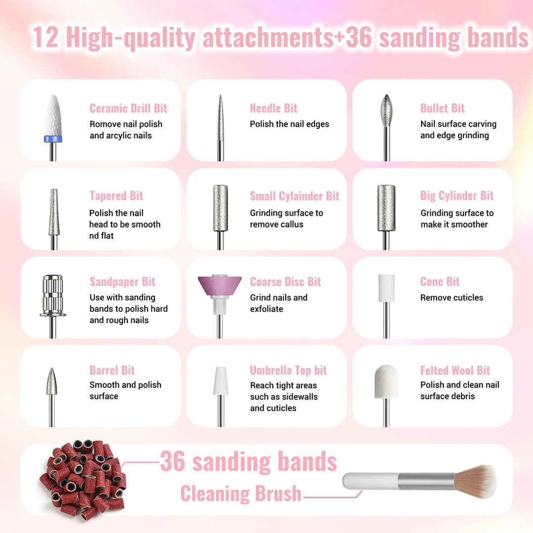 Nagelfräser Kabellos 35000 U/Min, Elektrische Nagelfeile 12 in 1 Fräser Nägel Professionell Nail Dri