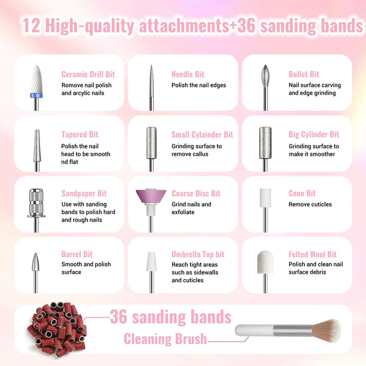 Nagelfräser Kabellos 35000 U/Min, Elektrische Nagelfeile 12 in 1 Fräser Nägel Professionell Nail Dri