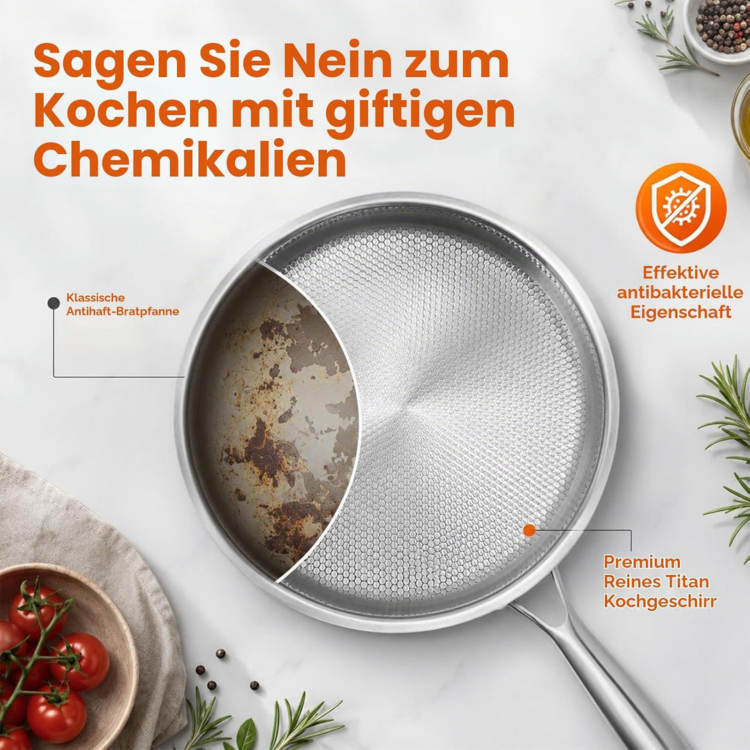 Titan Bratpfanne mit Deckel,Titanium Pan Uncoated, Pfannen aus Titan mit gehämmertem Muster zum Koch