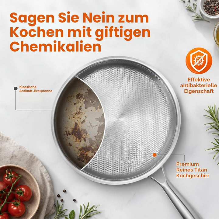 Titan Bratpfanne mit Deckel,Titanium Pan Uncoated, Pfannen aus Titan mit gehämmertem Muster zum Koch