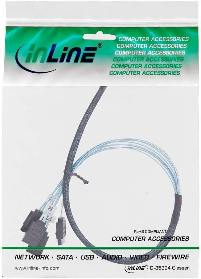InLine Slim SAS Kabel, SFF-8654 4i zu 4x SATA 7-pin, 12Gb/s, 0,5m, interne Verbindung für SAS Contro