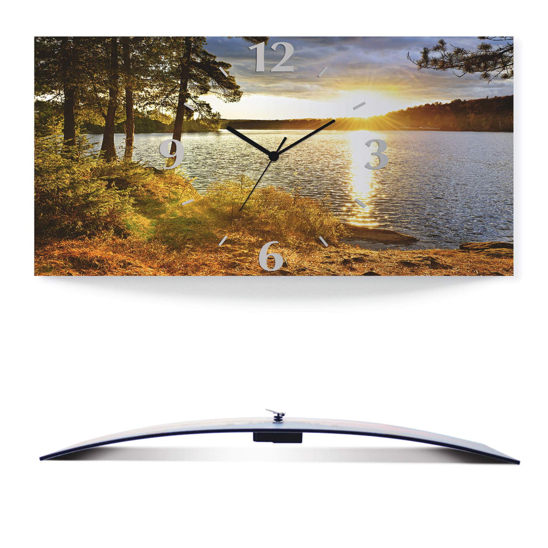 ARTLAND Wanduhr ohne Tickgeräusche Alu Funkuhr 50x25 cm Rechteckig Lautlos See Landschaft Wald Sonne